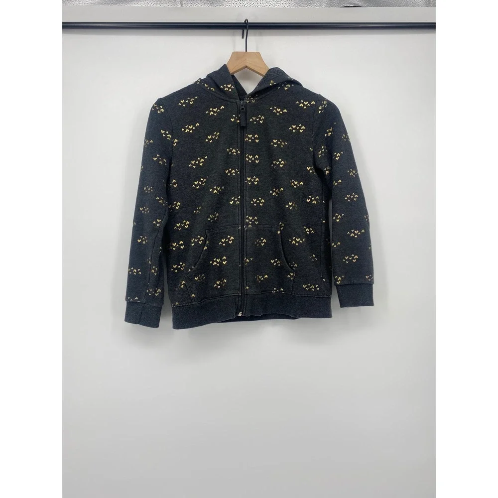 Cat & Jack Girls Hoodie L 10/12 Gray Gold Metallic Heart Full Zip Sweatshirt